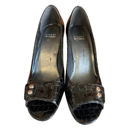 Stuart Weitzman croc embossed open toe heels black 8.5 - Picture 6 of 11